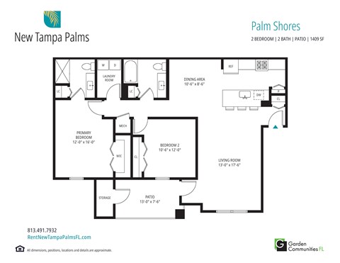 Floor plan for 2 beds, 2 baths, 1409 sqft